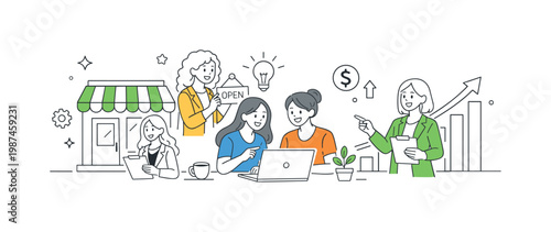 Women empowerment in entrepreneurship where women build and manage their own businesses collaboratively, depicted by a small shop icon and a simple upward chart as the