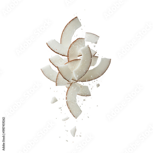 Falling coconut slices and shreds isolated on a transparent background