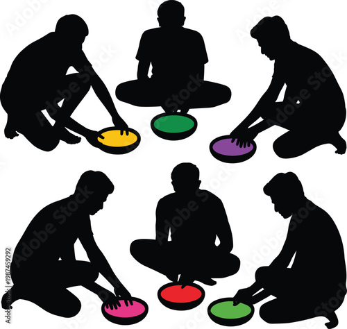 Silhouettes of people pressing colored buttons in a conceptual teamwork setting