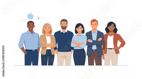 Group arrangement concept where a team stands together to present a unified front, highlighting coordination, identity, and collaboration in a shared setting, visual