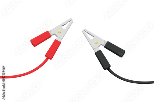 Red and black electrical alligator clips with connected wires on a white background