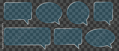 glass morphism speech bubbles set with glowing borders. Blank chat boxes Liquid glass message box set. Glass morphism speech bubble set. vector illustration.