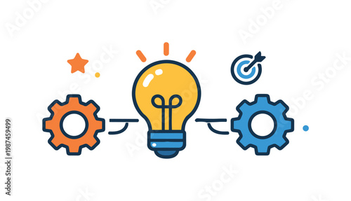 Creative brainstorming session emphasizing idea development and structured thinking, a central lightbulb connected to two smaller gears representing thoughts turning into