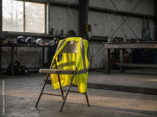 A yellow safety vest draped over a metal folding chair in a workshop or garage with various tools and equipment in the background