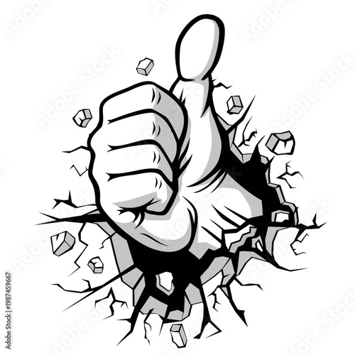 Hand breaks through stone wall. A thumbs up gesture of approval. Vector on transparent background