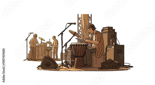 Musician playing djembe drum with band members on stage illustration