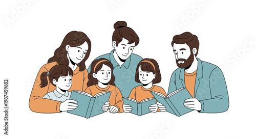 Family and children reading books together vector illustration