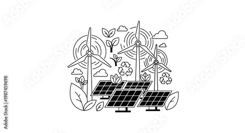 Sustainable Energy Illustration with Wind Turbines and Solar Panels
