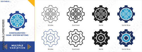 Technology gear and settings icons with microchip circuit inside cogwheel, system configuration and engineering concept, minimal line and solid vector illustration