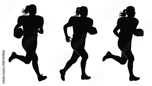 Three silhouettes of female athletes running with american footballs in dynamic poses
