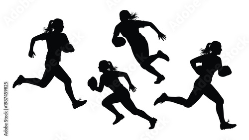 Silhouette of four female athletes running with a football on a white background