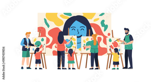 Group of People and Children Painting in Art Workshop Illustration
