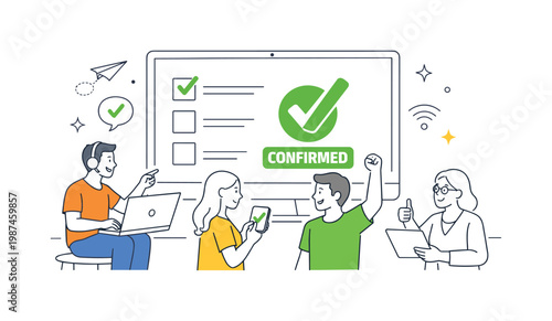 People participating in digital or remote voting systems to make decisions efficiently in modern environments, visualized with a metaphor of a screen displaying a
