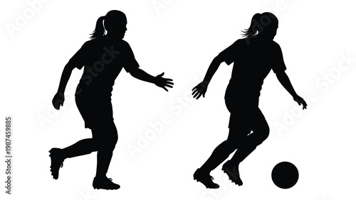 Two female silhouettes engaged in a dynamic soccer scene with a visible ball