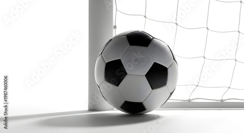 A football near the goal post with the net and an elegant shadow 