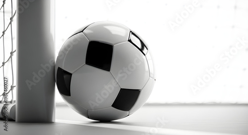 A soccer ball rests against the goalpost, the black and white pattern sharply defined