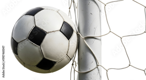 A close-up of a soccer ball nestled inside a net, signifying a successful goal 