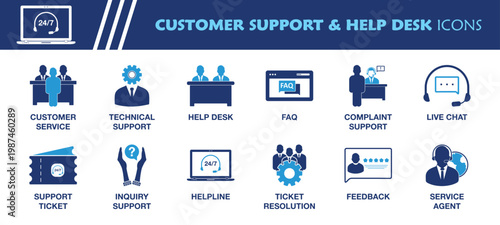 Customer Support and Help Desk Icon Set. Collection of Customer Service, Technical Support, Helpline, Live Chat, Service Agent, FAQ and More Icons. Editable Flat Vector Illustration.