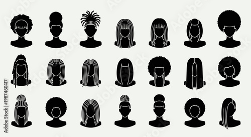 Diverse collection of female hairstyles and haircuts in silhouette form.