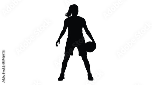 A silhouette of a female basketball player dribbling a ball against a white background