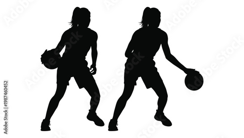 Two female basketball players silhouetted against a white background preparing to play