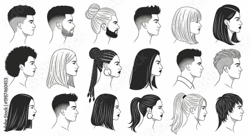 Diverse collection of human head profiles showcasing various hairstyles and facial features.
