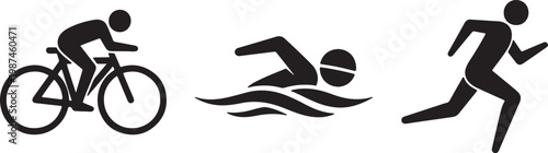 Black and white of bicycling, swimming, and running figures also transparent background, swimmer