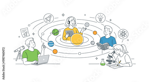 Individuals engaging with astronomy content and digital learning tools to understand planetary relationships and space concepts in a modern setting, represented through a