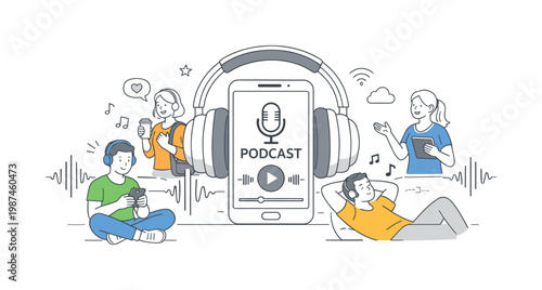 Audio content streaming and digital media consumption in a modern entertainment environment where users listen to podcasts anytime and anywhere, represented by a clear