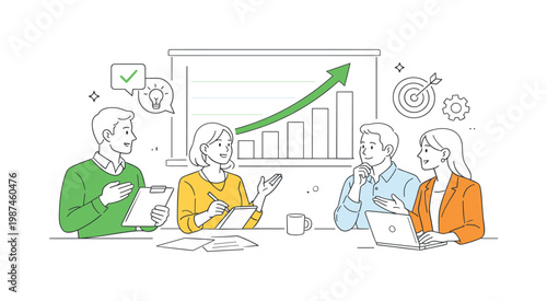 Team review performance feedback concept featuring professionals discussing results and identifying improvements collaboratively, using a chart display and a single