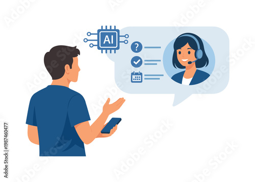AI communication scenario where a user interacts with an intelligent virtual assistant to solve tasks and receive instant support in a digital environment, symbolized by