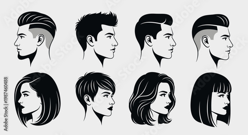 Diverse collection of male and female hairstyles in profile view.