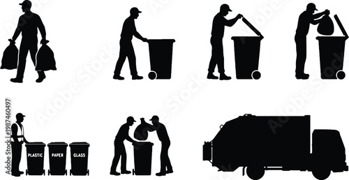A sanitation worker silhouette vector illustration set for waste management
