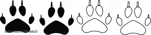 Fox paw footprint icon set collection group, animal pawprint track footprint symbol vector pack, wildlife canine claw marks, flat and line style black icons isolated on transparent background