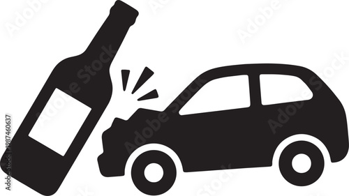 Black silhouette of wine bottle colliding with car, depicting drunk driving awareness also transparent background