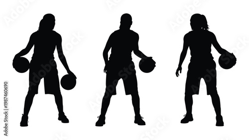 Three basketball players in silhouette pose with balls demonstrating athletic stances