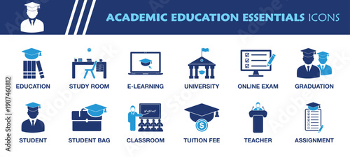Academic Education Essentials Icon Set. Collection of Student, Teacher, Classroom, Study Room, University, E-Learning, Assignment, Graduation and More Icons. Editable Flat Vector Illustration.