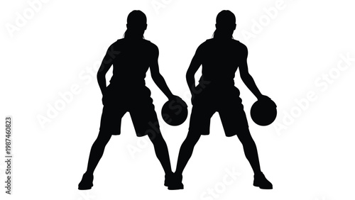 Two female basketball players in athletic stances depicted as black silhouettes against a white background