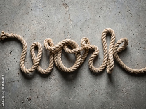 Rope spelling out the word work on a gray concrete background with a textured surface