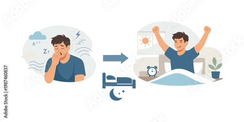 Health and wellness awareness theme where recognizing signs of fatigue leads to better rest habits and improved daily performance, represented by a tired figure paired