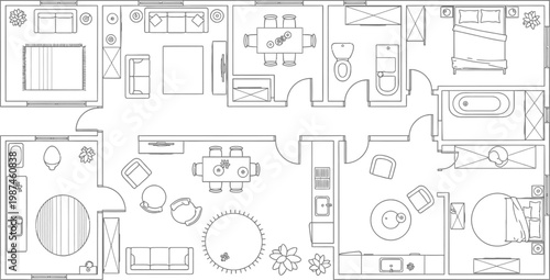 Detailed architectural floor plan vector illustration showing a modern house layout with furniture arrangement, living spaces, bedrooms, and bathrooms.