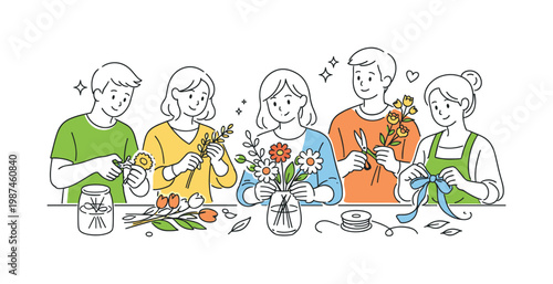 Individuals selecting and arranging flowers as part of a creative or decorative process in everyday life, represented through a metaphor of a few distinct flowers grouped