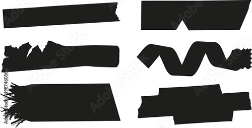 Set of black brush stroke shapes and ribbons with frayed edges for graphic design elements and abstract art