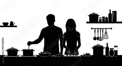 Silhouette of a couple cooking together in a kitchen.