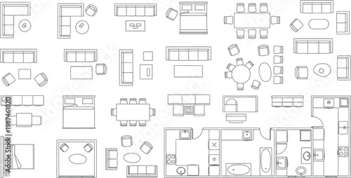 Comprehensive set of vector furniture icons and architectural symbols for floor plan design including living room bedroom and kitchen layouts