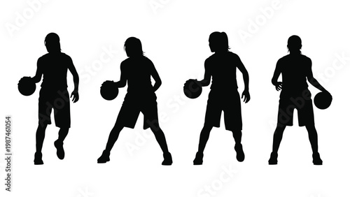 Silhouette illustration of four basketball players in dynamic action poses against a white background