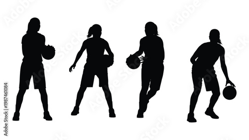 Four female basketball players in silhouette dynamically posed with basketballs high quality
