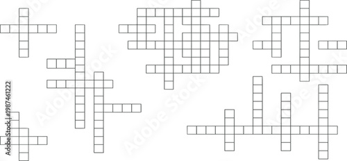 A collection of assorted crossword puzzle grids, presented in a simple black and white line art illustration style, ideal for word game enthusiasts and puzzle creators