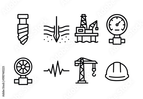 Energy extraction process: drill bit, underground layers, offshore platform, pressure gauge, valve wheel, seismic waves, crane, safety helmet.