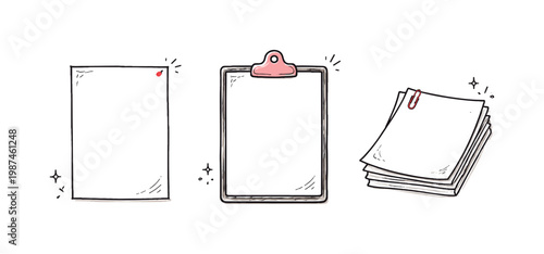 Simple desk paperwork theme a horizontal row of 3 related hand-drawn objects on a white background: a plain sheet with a tiny red dot in one corner, a simple clipboard